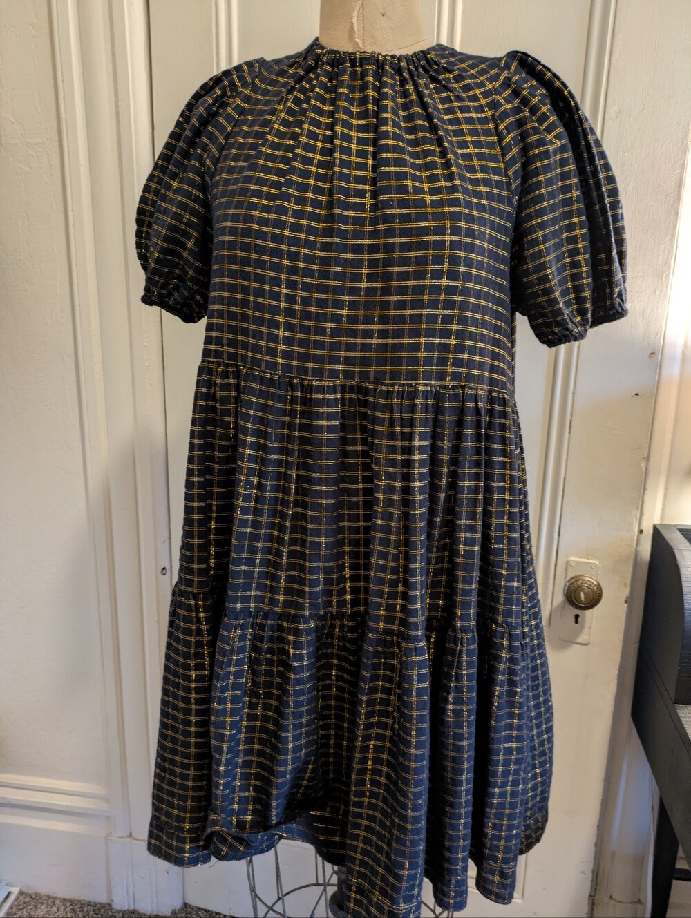 Ulla Johnson Babydoll Dress with Gold Plaid Thread